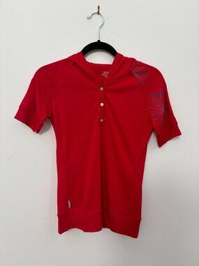 2000s Icebreaker Cherry Red Hooded Merino Wool Tshirt